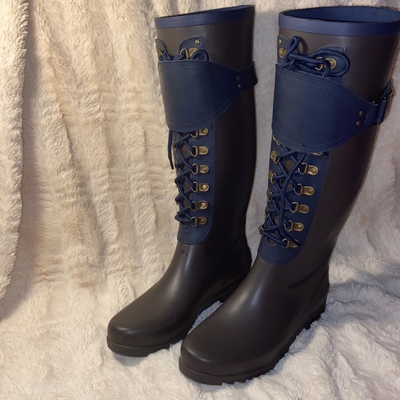 EUC UGG Madelynn gray/blue rubber and leather tall rain boots - Picture 3 of 16